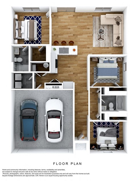 Floor plan for 3 beds, 2 baths, 1385 sqft